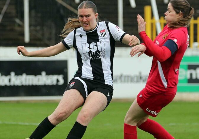 Bath City Women’s Abby Gray – here in action against Corsham Town on Sunday 12th April – was inches away from netting what would surely have been a late winner against Weston-super-Mare Women in the Somerset Women’s Junior Cup final on Thursday 30th April | Photo © Simon Howe 