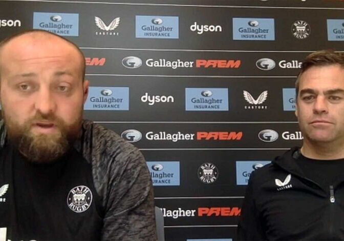 Tom Dunn, left, and Johann van Graan talking about this weekend’s Bath Rugby v Gloucester Rugby derby when they faced the press on Tuesday 7th October | Photo © Bath Rugby