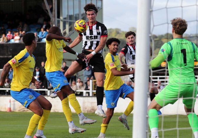 Matt Bowman heads in Bath City’s goal against Gosport Borough at the Cannon Clarke Stadium @ Twerton Park | Photo © Simon Howe