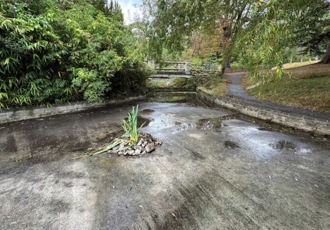 The dried out pond in Royal Victoria Park